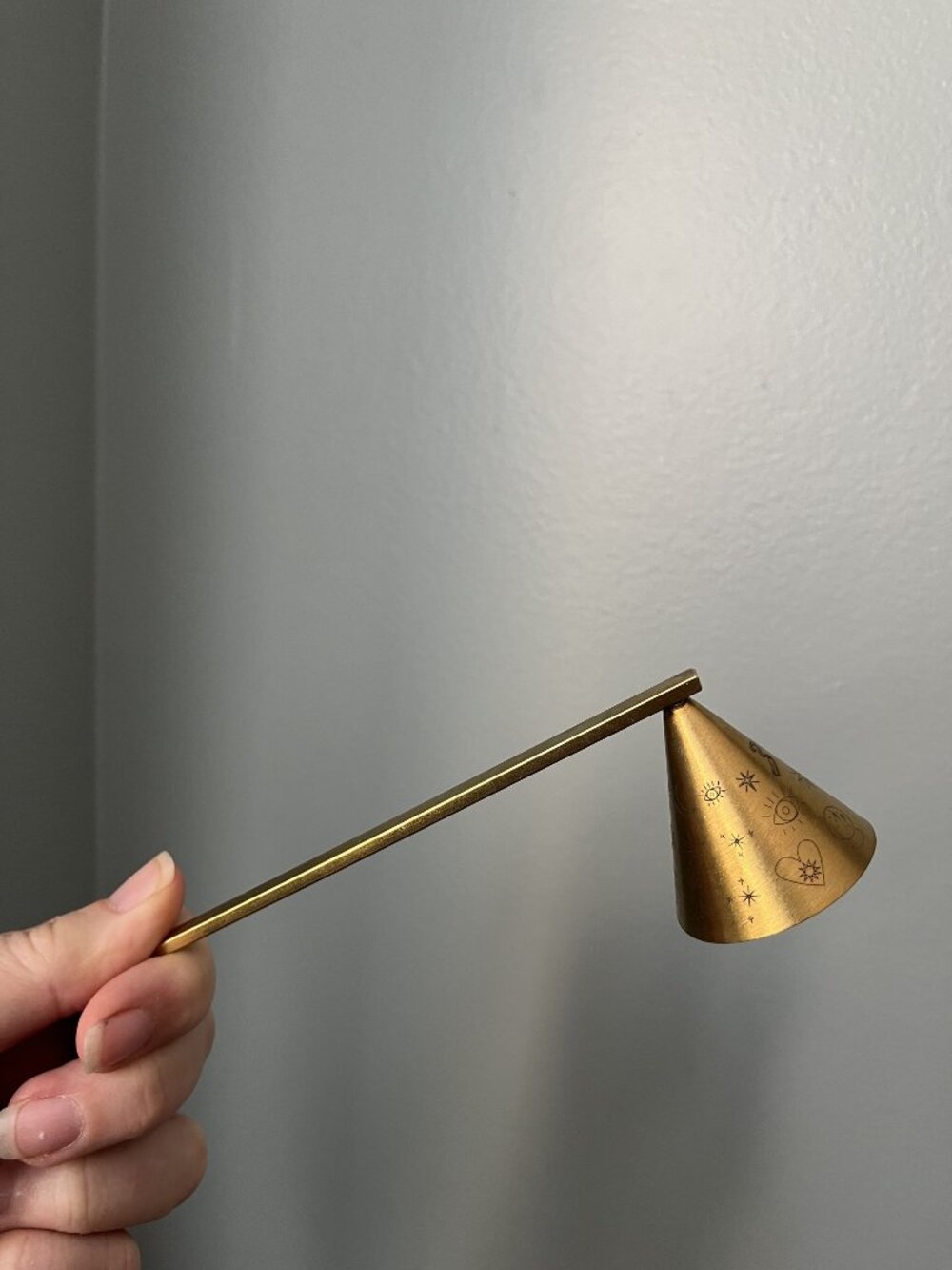 Brass Celestial-Etched Cone Candle Snuffer 6" Long Handcrafted With Vintage-Insp